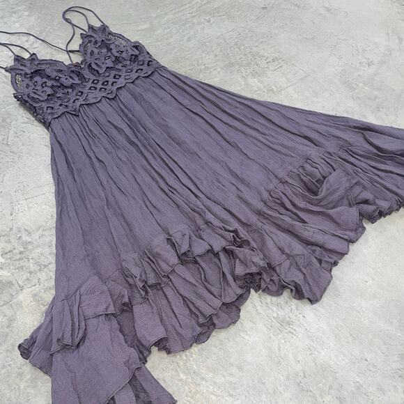 Free People Dress Womens Extra Small Adella Slip Gray Mini FP One Lace Ruffle - Picture 5 of 6